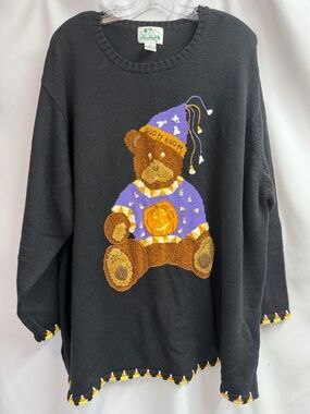 VTG Quacker Factory Halloween Boo Boo Bear Knit Sweater Plus Size 3X Black Candy